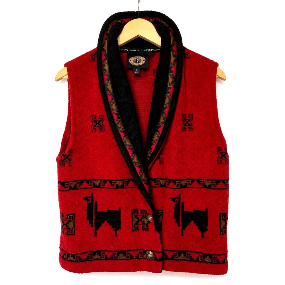 Vintage County Clothing Co Red Southwestern Fleece Vest L Aztec Llama Y2K